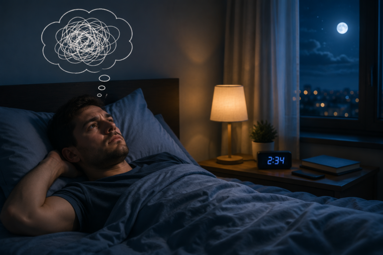 Man lying awake in bed beneath a tangled thought bubble, with a clock showing 2:34