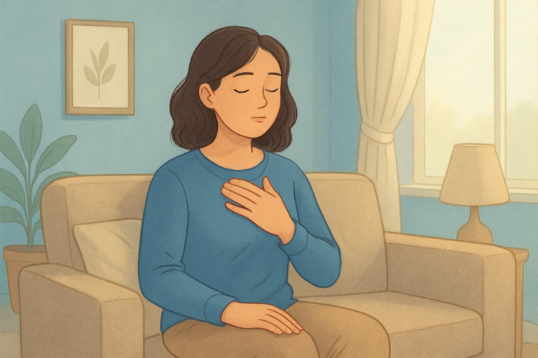 Illustration of a woman seated on a sofa with her eyes closed and one hand on her chest