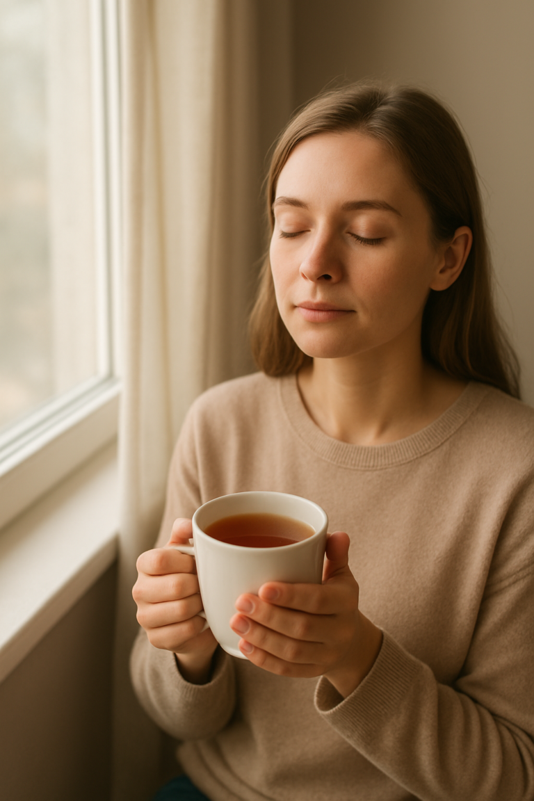 Woman with her eyes closed holding a mug of tea beside a window