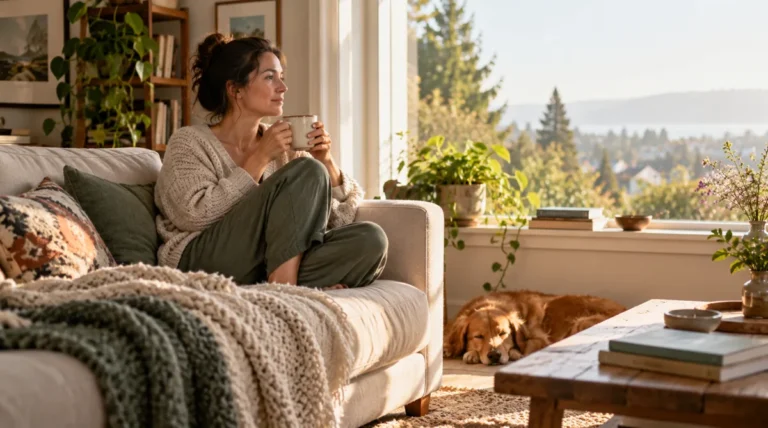 Person holding a cup of tea by a sunny window during a quiet morning