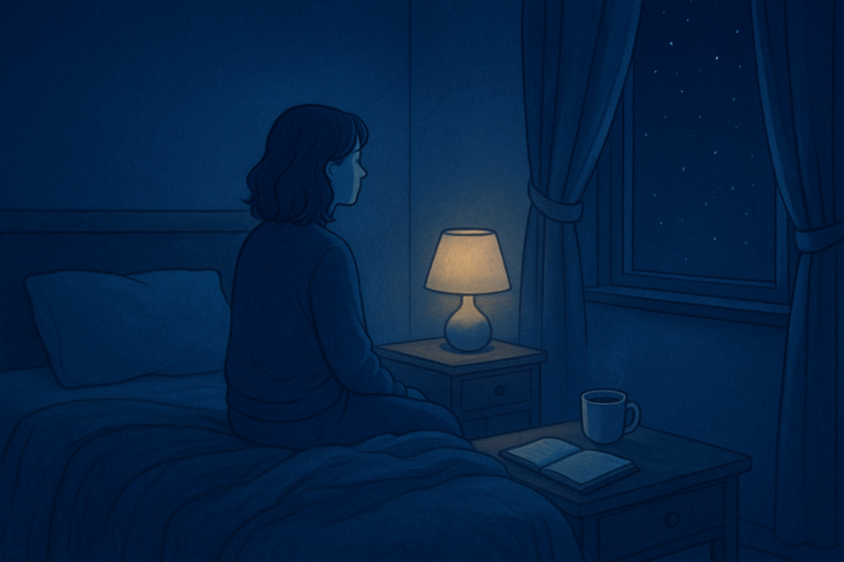 Person sitting awake in bed beside a lamp, illustrating heart racing at night