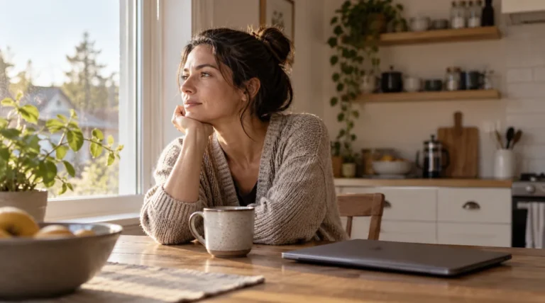 Morning anxiety before work: woman sitting at a kitchen table beside a closed laptop