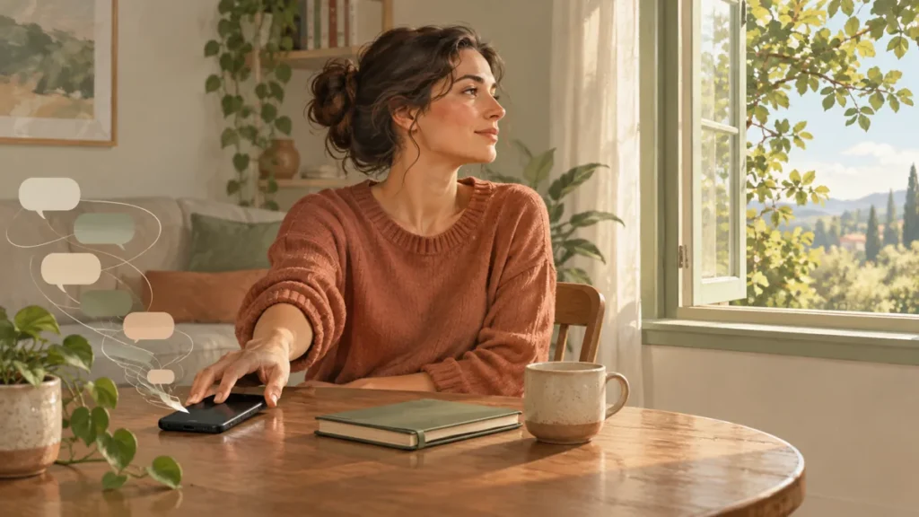 Woman setting her phone aside beside fading chat bubbles, illustrating a pause in AI reassurance seeking