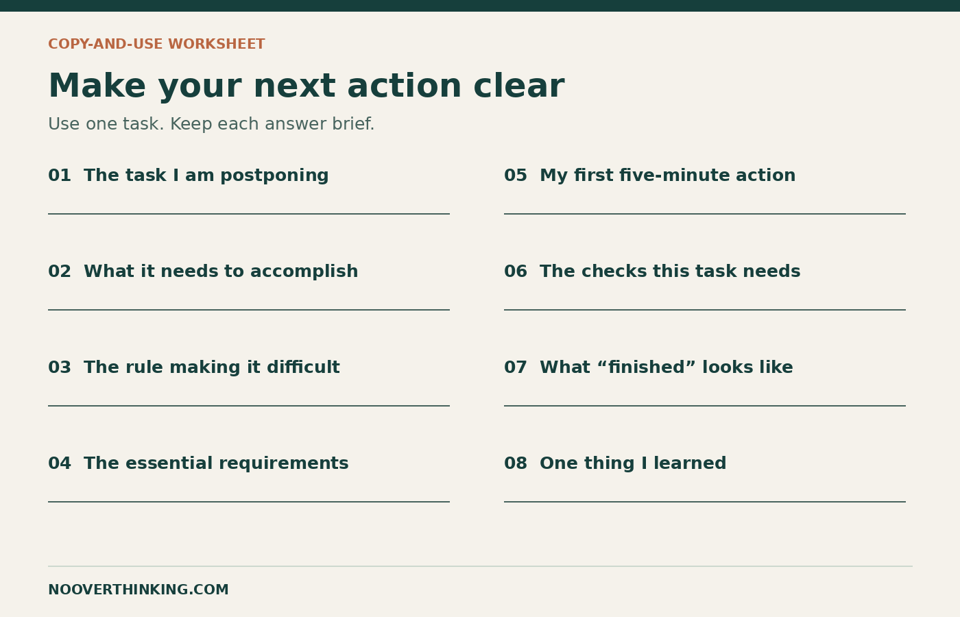 Eight-prompt worksheet for perfectionism and procrastination, from naming the task to reviewing what helped.