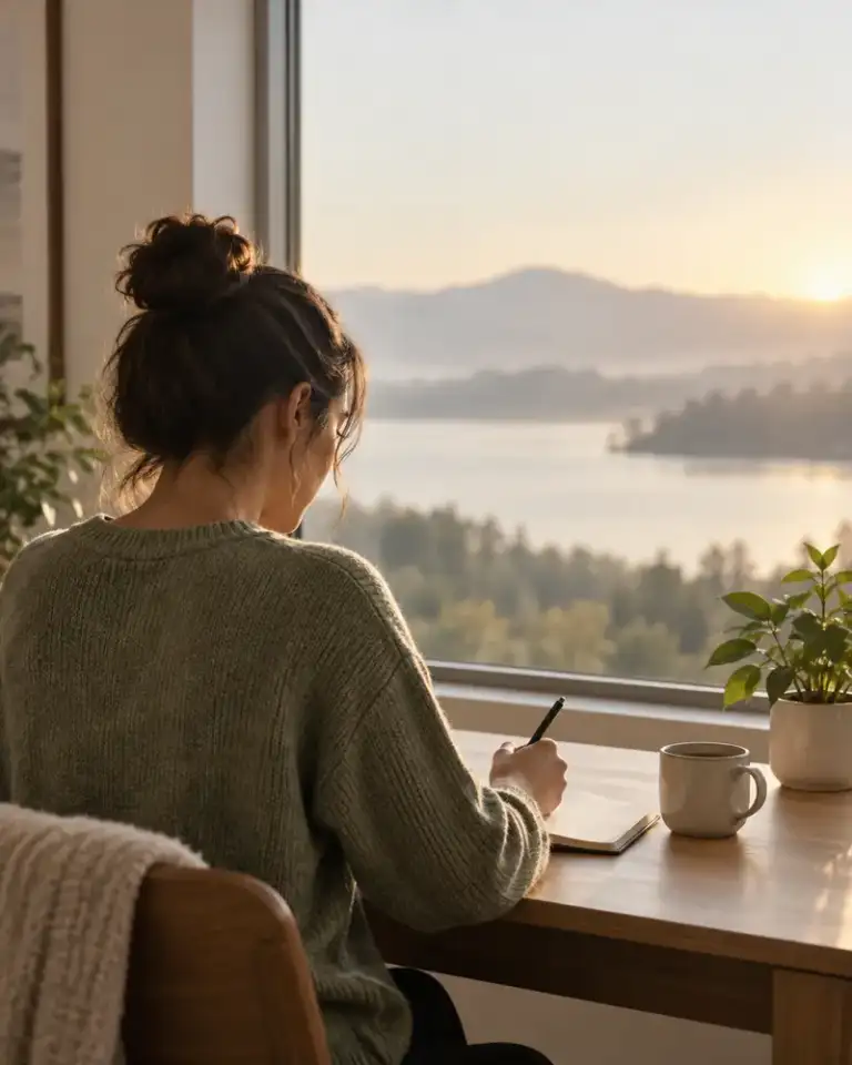 Person sitting at a desk beside a window overlooking a quiet lake