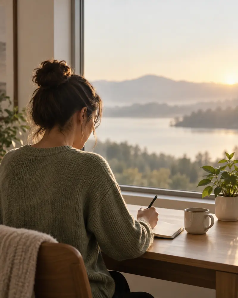 Person sitting at a desk beside a window overlooking a quiet lake