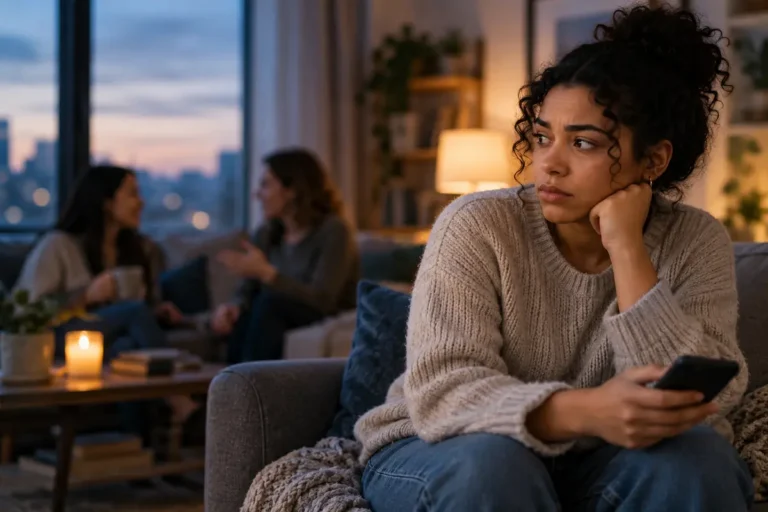 Woman having an everyone is mad at me worry while friends talk nearby